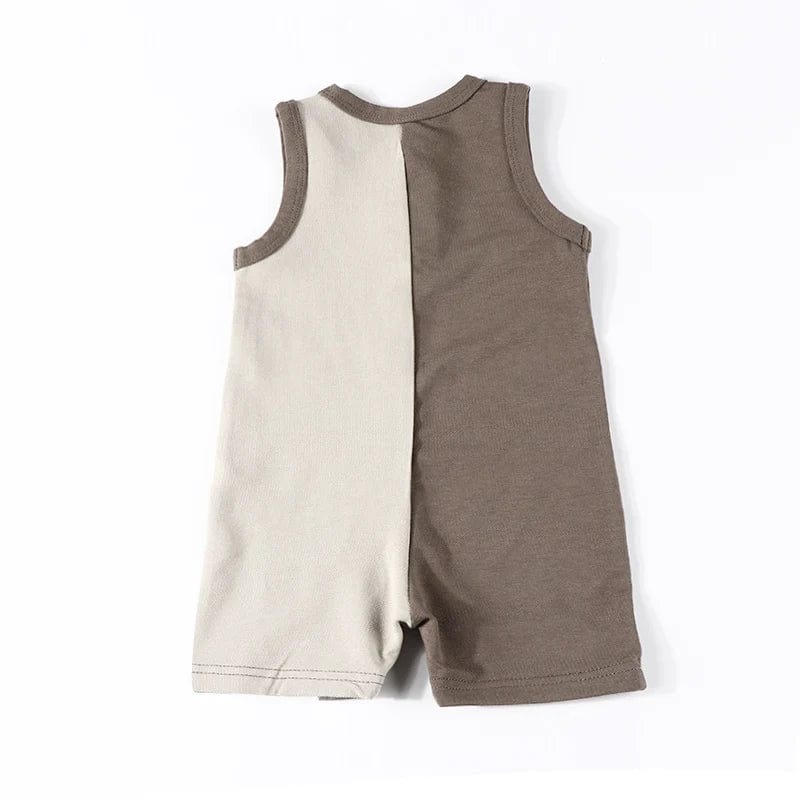 Baby boy sleeveless colorblock denim romper with front buttons, round neck, and summer overalls for warm weather.