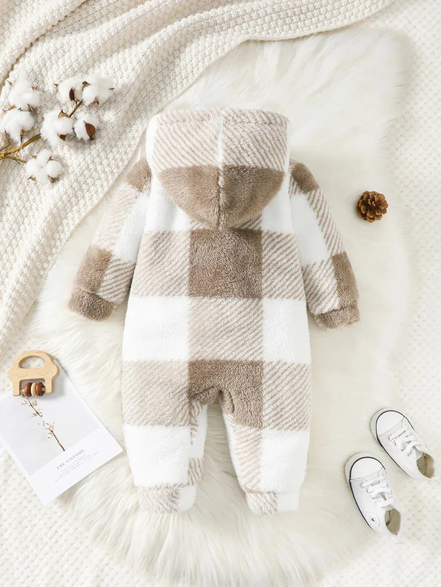 Mioglrie Baby Plaid Hooded Romper by Showlu Fashion Store, plush winter jumpsuit for toddlers 3-24 months, long-sleeved and warm.