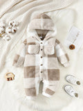 Mioglrie baby plaid hooded romper by Showlu Fashion Store, plush winter jumpsuit for toddlers 3-24 months, long-sleeved and warm.