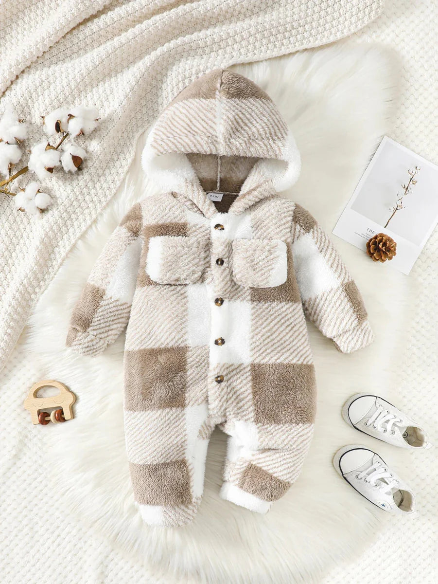 Mioglrie baby plaid hooded romper by Showlu Fashion Store, plush winter jumpsuit for toddlers 3-24 months, long-sleeved and warm.