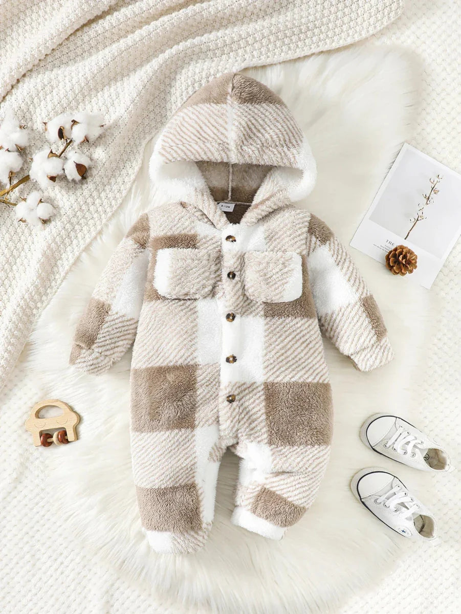 Mioglrie Baby Plaid Hooded Romper by Showlu Fashion, plush winter jumpsuit for boys and girls aged 3-24 months, long-sleeved and warm.