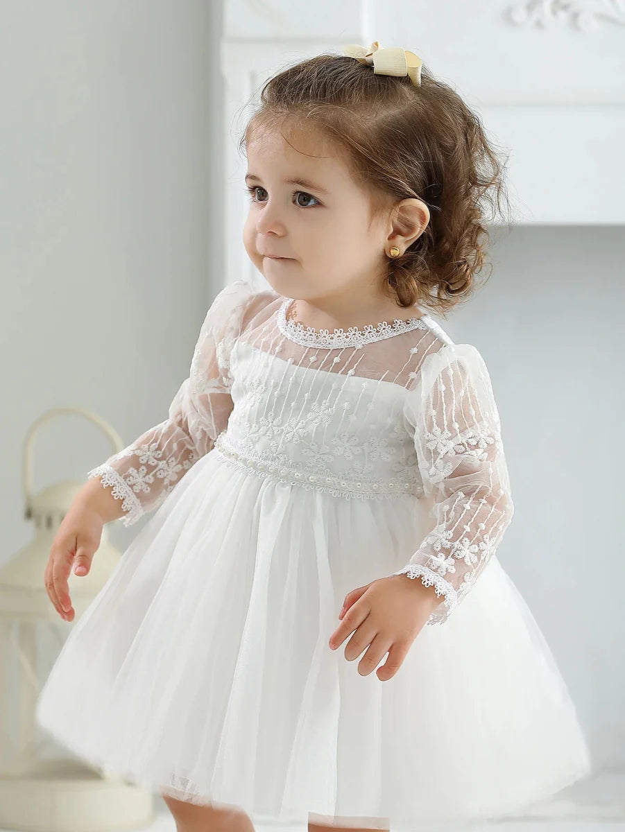 Baby girl white mesh christening dress by SHOWLU FASHION STORE, A-line gown with delicate details for special occasions.