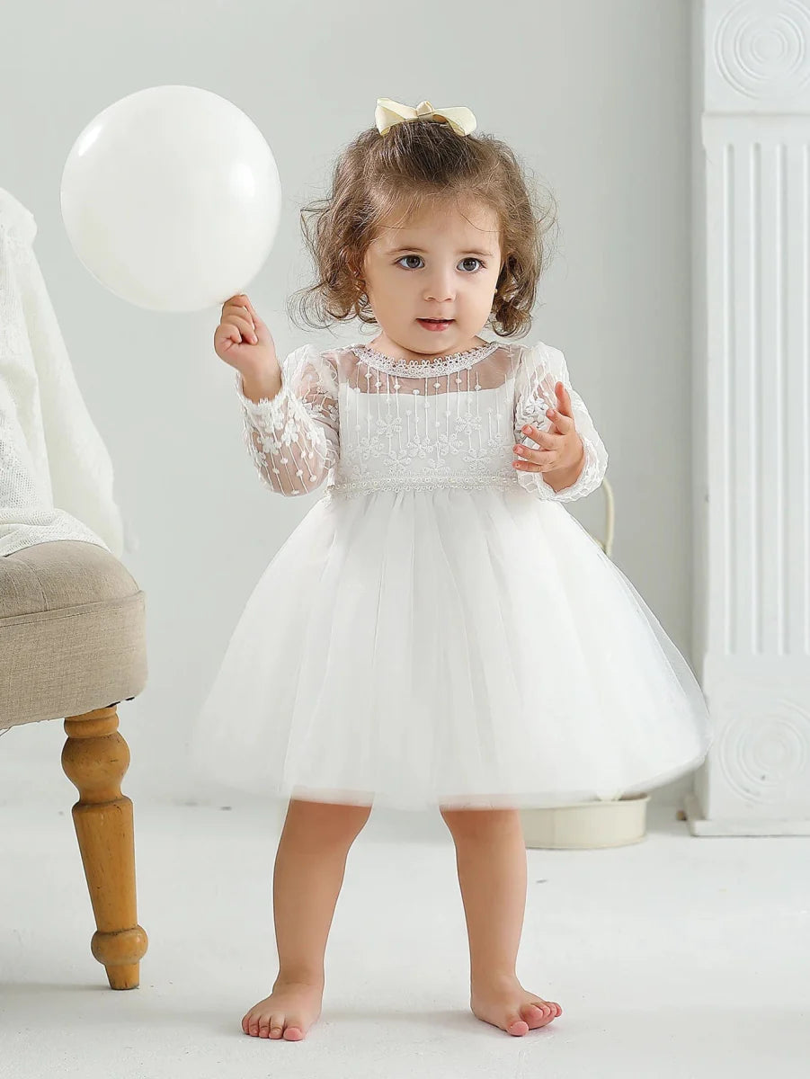 Baby girls white mesh Christening dress by SHOWLU FASHION STORE, featuring an A-line design perfect for special occasions.