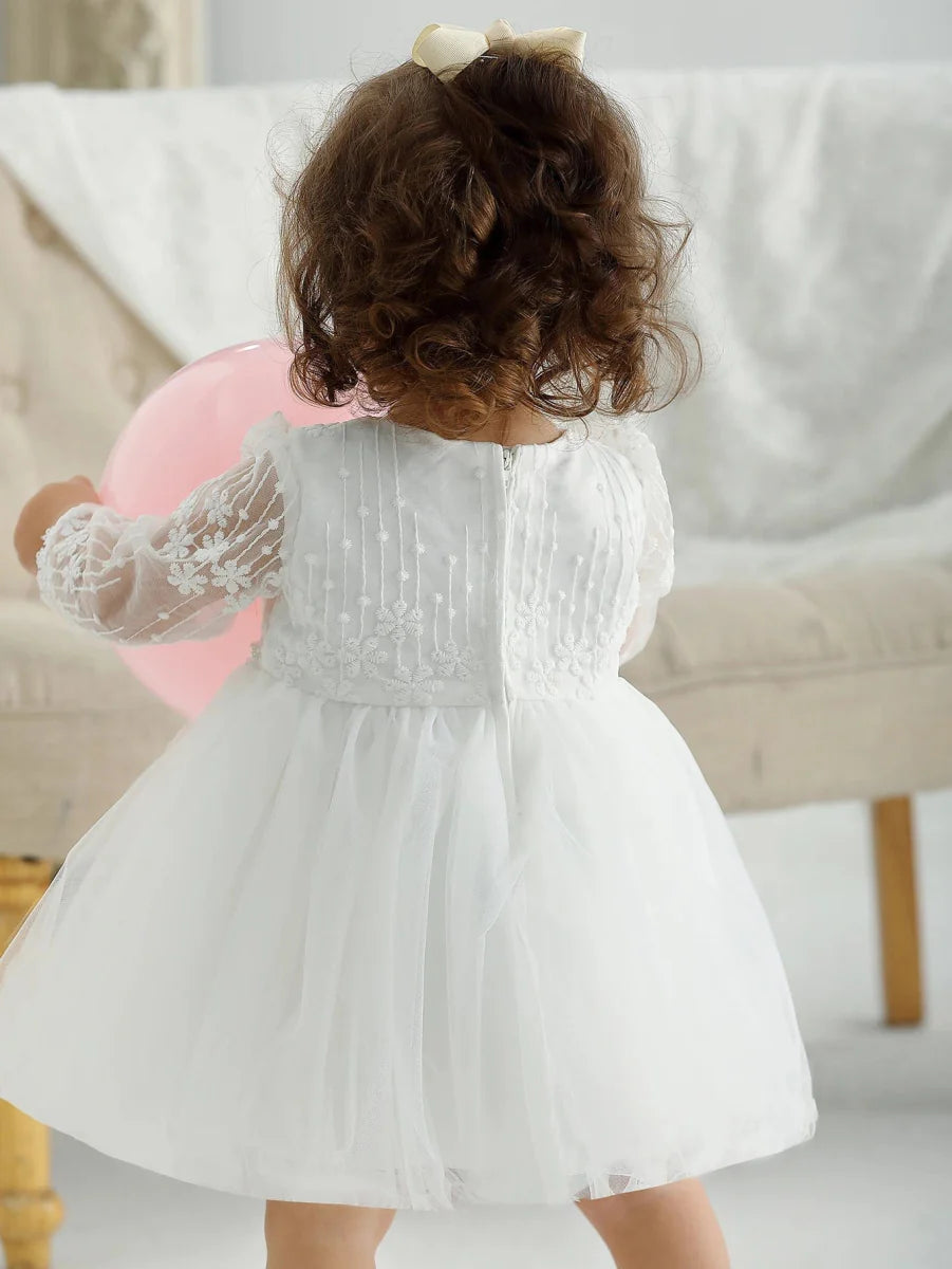 White mesh baby girls christening dress with A-line shape, perfect for parties, birthdays, and weddings, by SHOWLU FASHION STORE.