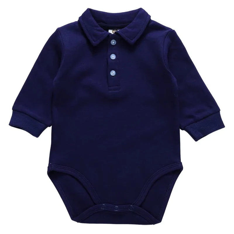 White SHOWLU FASHION baby long sleeve cotton polo collar bodysuit jumpsuit for boys, suitable for 0-3 years, autumn and winter wear.