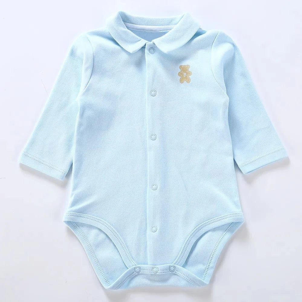 Baby long sleeve cotton polo collar jumpsuit by SHOWLU FASHION, suitable for boys aged 0-3 months, in white.