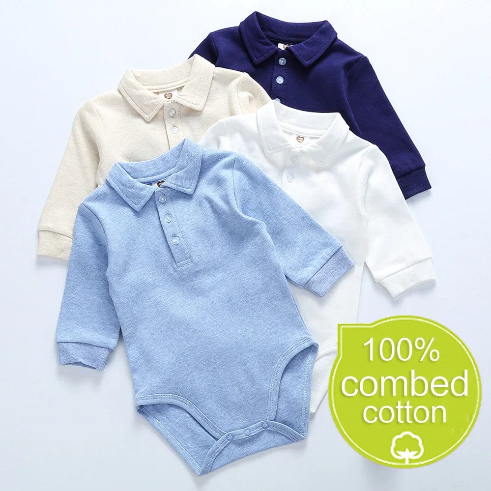 Baby long sleeve cotton polo collar bodysuit from SHOWLU FASHION, featuring a white, cozy jumpsuit for 0-3 years, perfect for autumn-winter.