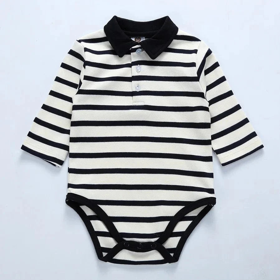 Baby boy long sleeve cotton polo collar jumpsuit by SHOWLU FASHION, white one-piece bodysuit for 0-3 years, autumn winter outfit.