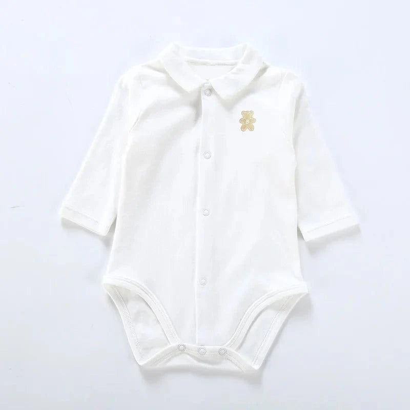 Baby long sleeve cotton bodysuit with polo collar by SHOWLU FASHION, perfect for boys aged 0-3 months, white autumn-winter outfit.