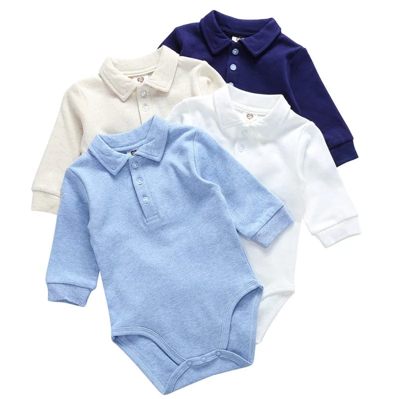 Baby boy long sleeve cotton bodysuit with polo collar, from SHOWLU FASHION, featuring a white, autumn-winter one-piece outfit for infants.