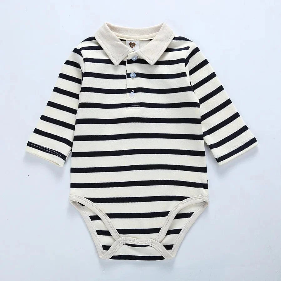 Baby long sleeve cotton polo collar jumpsuit by SHOWLU FASHION, white one-piece bodysuit for newborns and toddlers.
