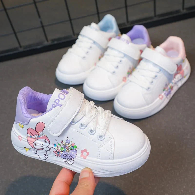 Baby girls white PU leather sneakers by MINISO, breathable cartoon shoes for kids, casual and soft with comfortable size range.