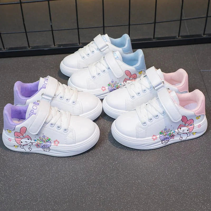 Baby girls white PU leather sneakers by MINISO, breathable cartoon shoes for kids, soft and comfortable size 26-37.