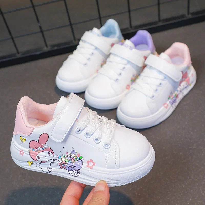 White PU leather baby girl sneakers with breathable cartoon design, soft and casual shoes for kids from SHOWLU FASHION STORE.