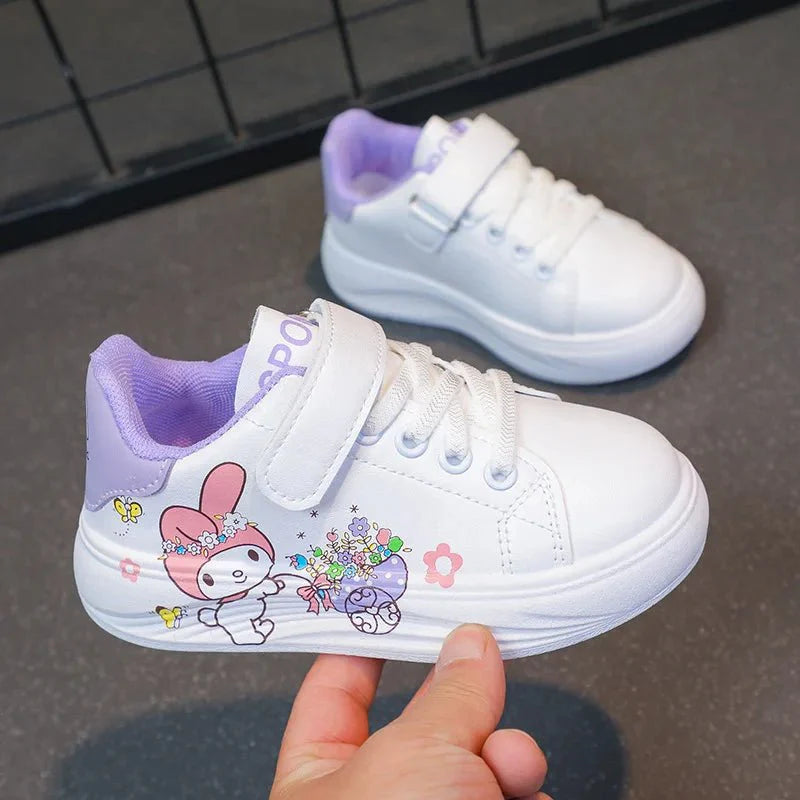Baby girls white PU leather sneakers by MINISO, breathable cartoon design, soft comfortable kids' casual shoes in size 26-37.