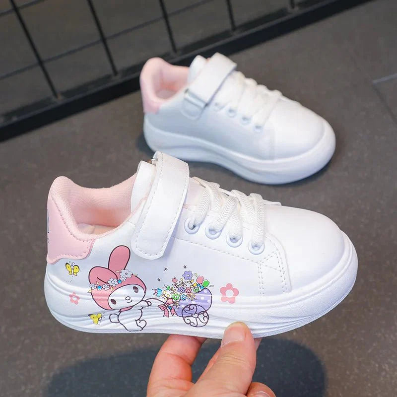 White PU leather baby girl sneakers by SHOWLU FASHION STORE, breathable cartoon shoes for kids, size 26-37.