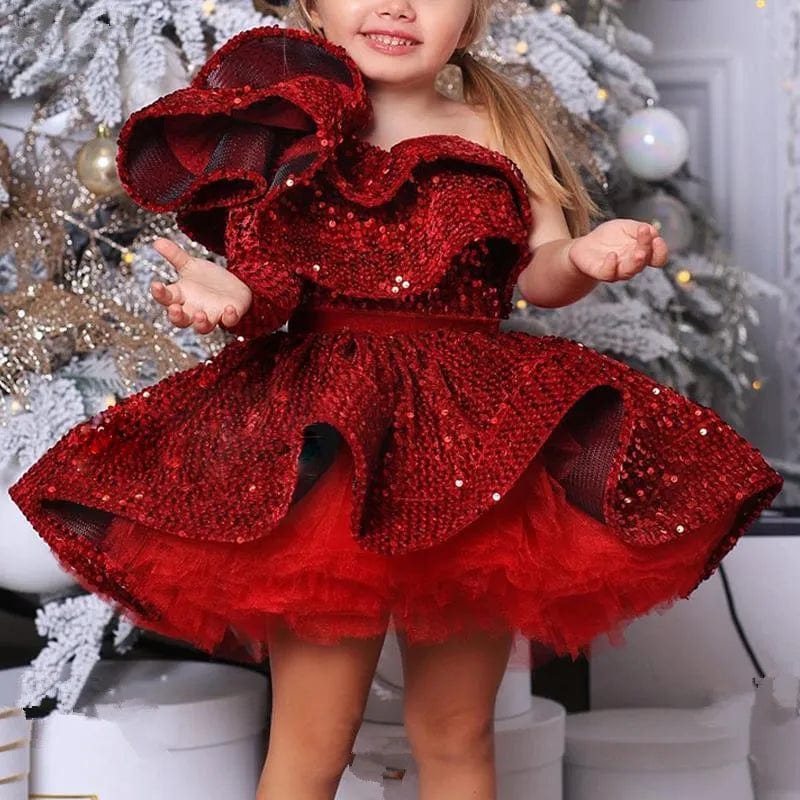 Girls sequin birthday party dress by Showlu Fashion Store, elegant ball gown frock with shimmering sequins for special occasions.