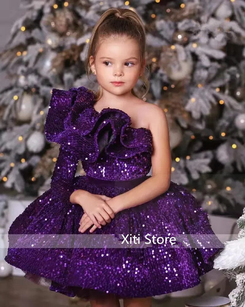 Girls sequin birthday party dress by Showlu Fashion Store, elegant ball gown frock with shimmering sequins for special occasions.