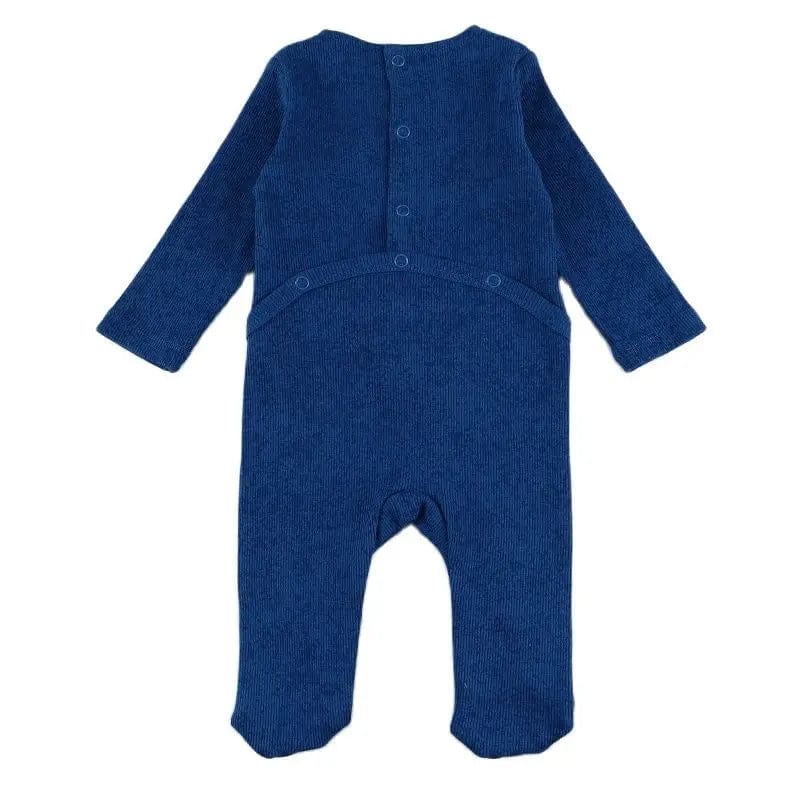 Baby girl wearing Bloom Baby long sleeve rib cotton footie romper and matching hat set, perfect for autumn winter.