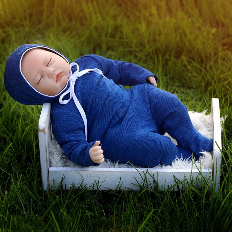 Showlu Fashion Store baby long sleeve rib cotton footie romper and matching hat set for autumn winter, with cozy footed design