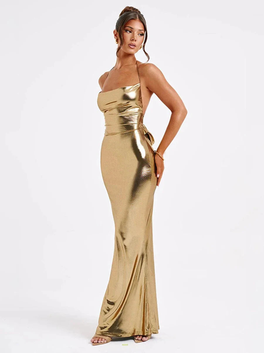 Backless halter bandage dress in solid color, designed for a slim fit look, by Showlu Fashion Store.