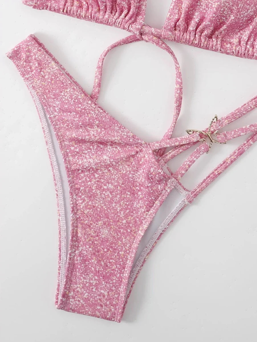 Backless triangle bikini with shoelace ties in a solid color, stylish swimwear by Showlu Fashion for beach or pool.