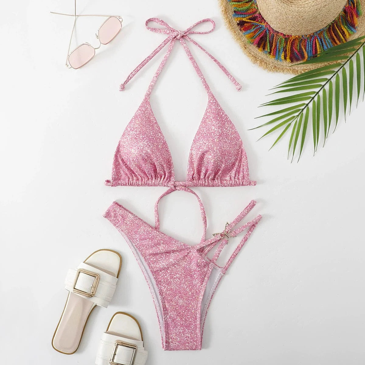 Backless triangle bikini with shoelace ties in solid color, designed by Showlu Fashion Store for stylish swimwear.