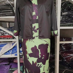 Female Suit 2025 Spring and summer New Solid Three Quarter Sleeve Top And Floral Print Package Hip Dress Two Piece Sets Fashion Suit Office 3d Flower Print Body Con African Skirt Sets Formal Elegant Women'S Sets