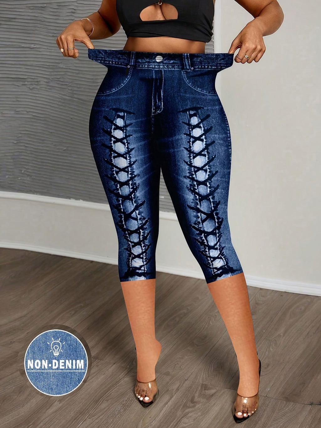 Showlu Fashion women's imitation denim print leggings, stretchy skinny pants with denim design, close-up of fabric and fit.