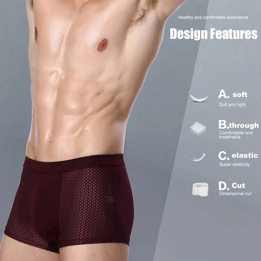 Showlu men's bamboo microfiber boxer briefs featuring stretch compression fit, comfortable and breathable undergarments for active wear.