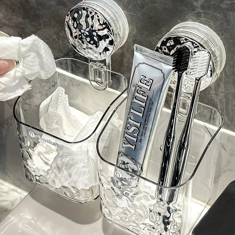 Showlu suction cup bathroom shelf mounted in shower corner, holding shampoo bottles and cosmetics with no drill wall mount.