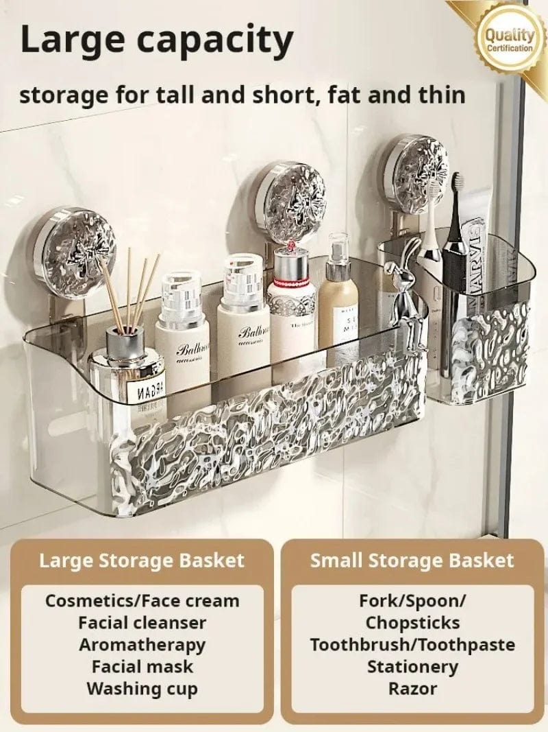 Showlu suction cup bathroom shelf, wall-mount shower basket with corner storage for shampoo, cosmetics, and bathroom organization.