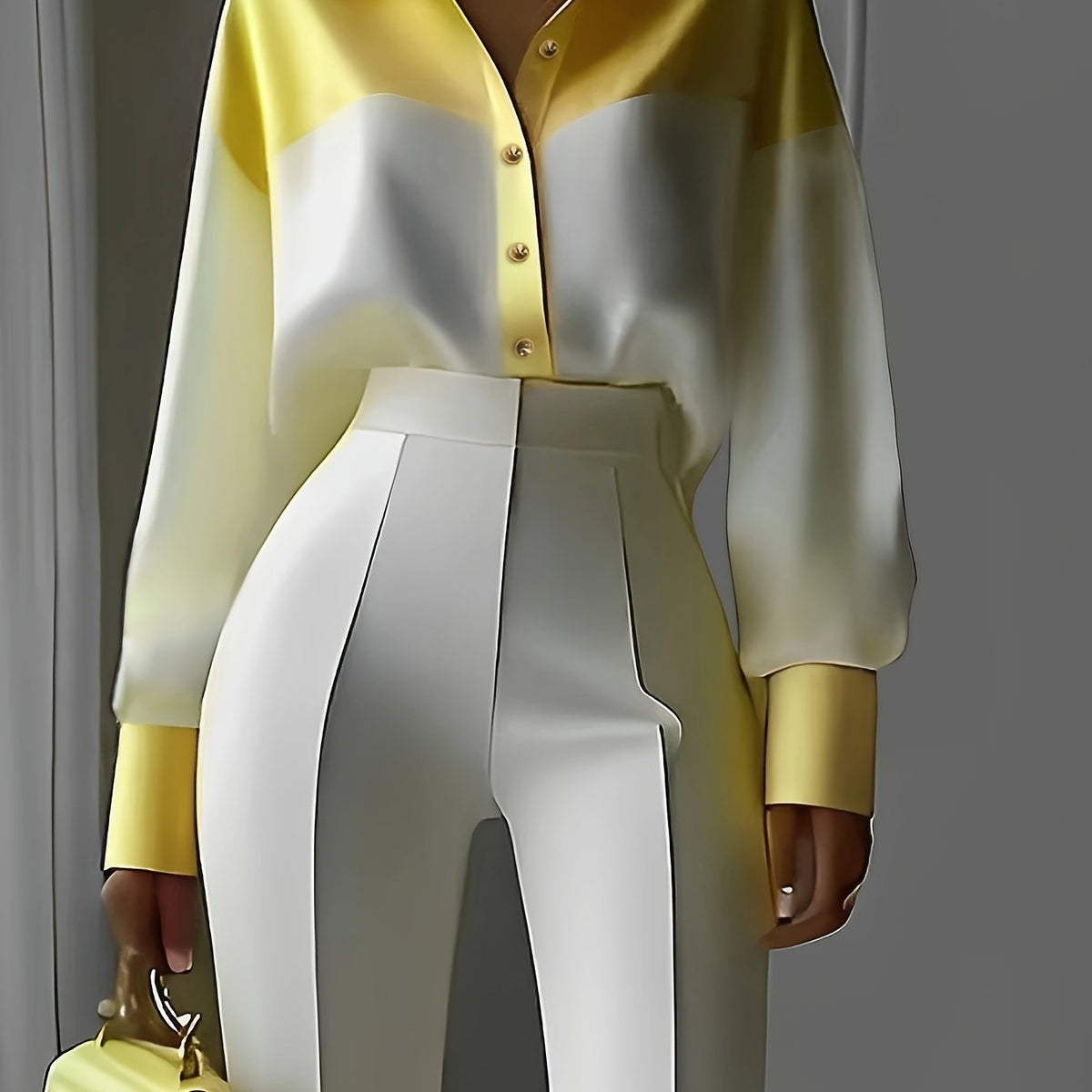 Women'S Color Block Long Sleeve Blouse with Lapel Collar and Button Front - Stylish Casual Patchwork Shirt for Casual Attire, Yellow and White, Polyester Fabric, Long Sleeve Blouse