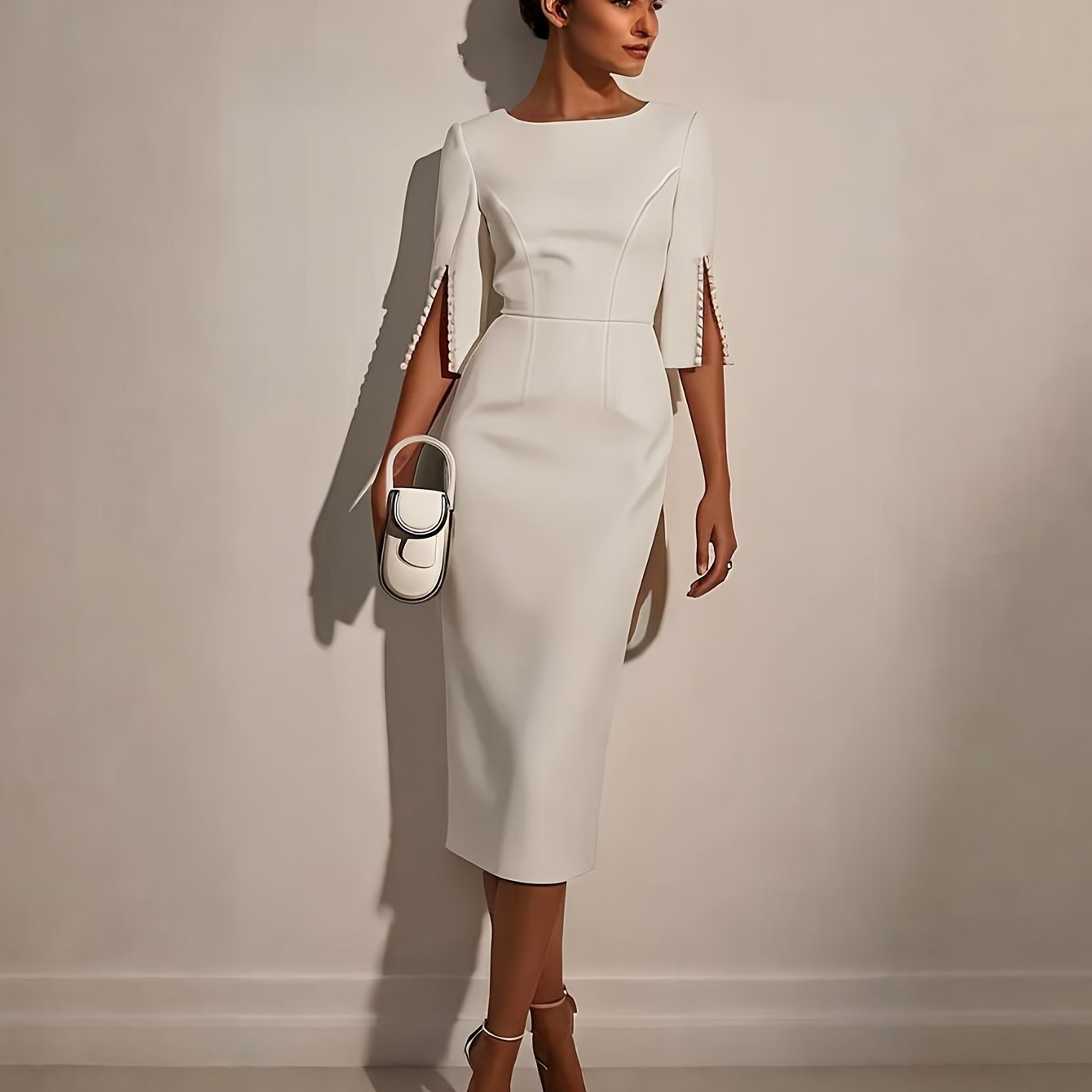Women's pearl bodycon midi dress with half sleeves, elegant gown design, showcasing a fitted silhouette and sophisticated style.