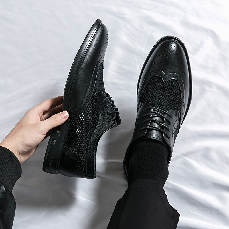Showlu men's hollow-out business shoes with pointed toe, breathable design, black leather, formal footwear for men.