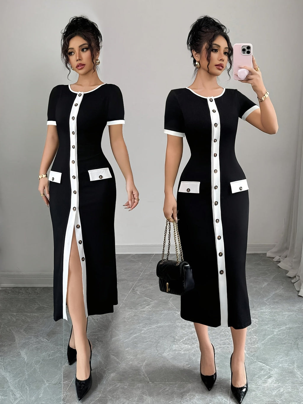 SHOWLU FASHION color block A-line midi dress in black and white with crew neckline, stylish and elegant for casual or formal wear.