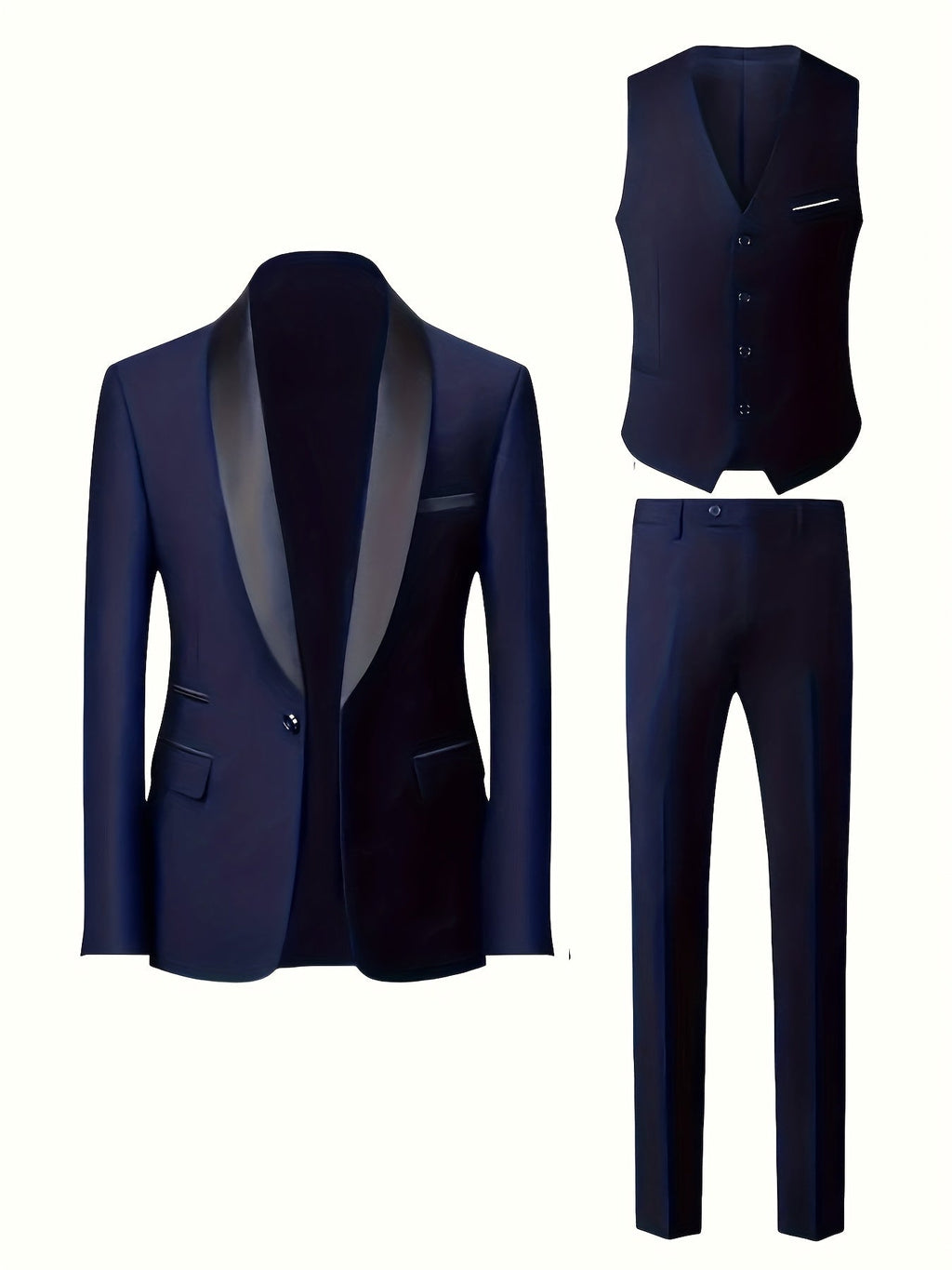 SHOWLU FASHION men's 3-piece suit with shawl collar jacket, matching vest, and tailored pants displayed on a hanger.