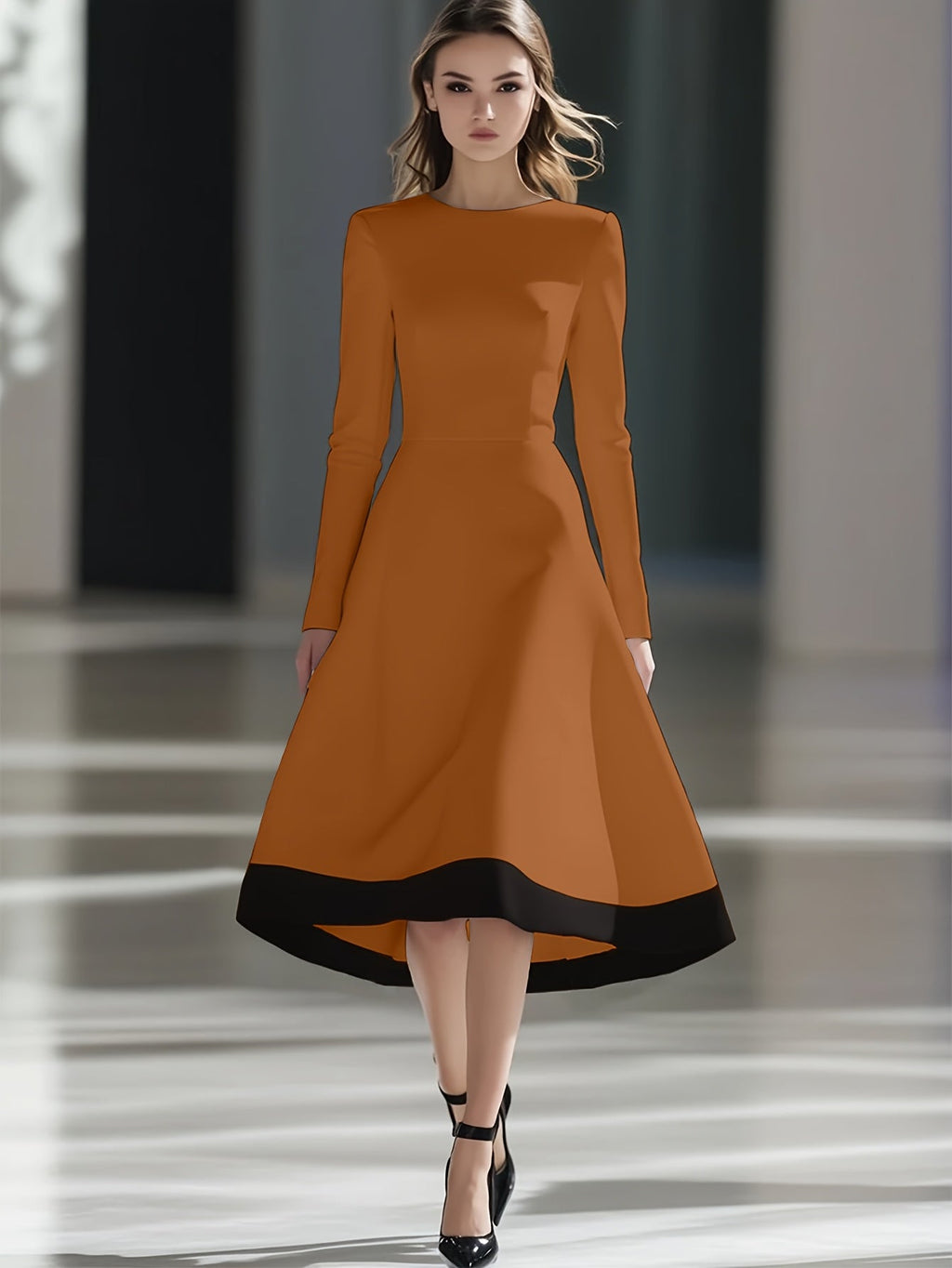 SHOWLU FASHION Women's Burgundy Long Sleeve Midi Dress with A-Line Knit design, showcasing a stylish and comfortable fall outfit.
