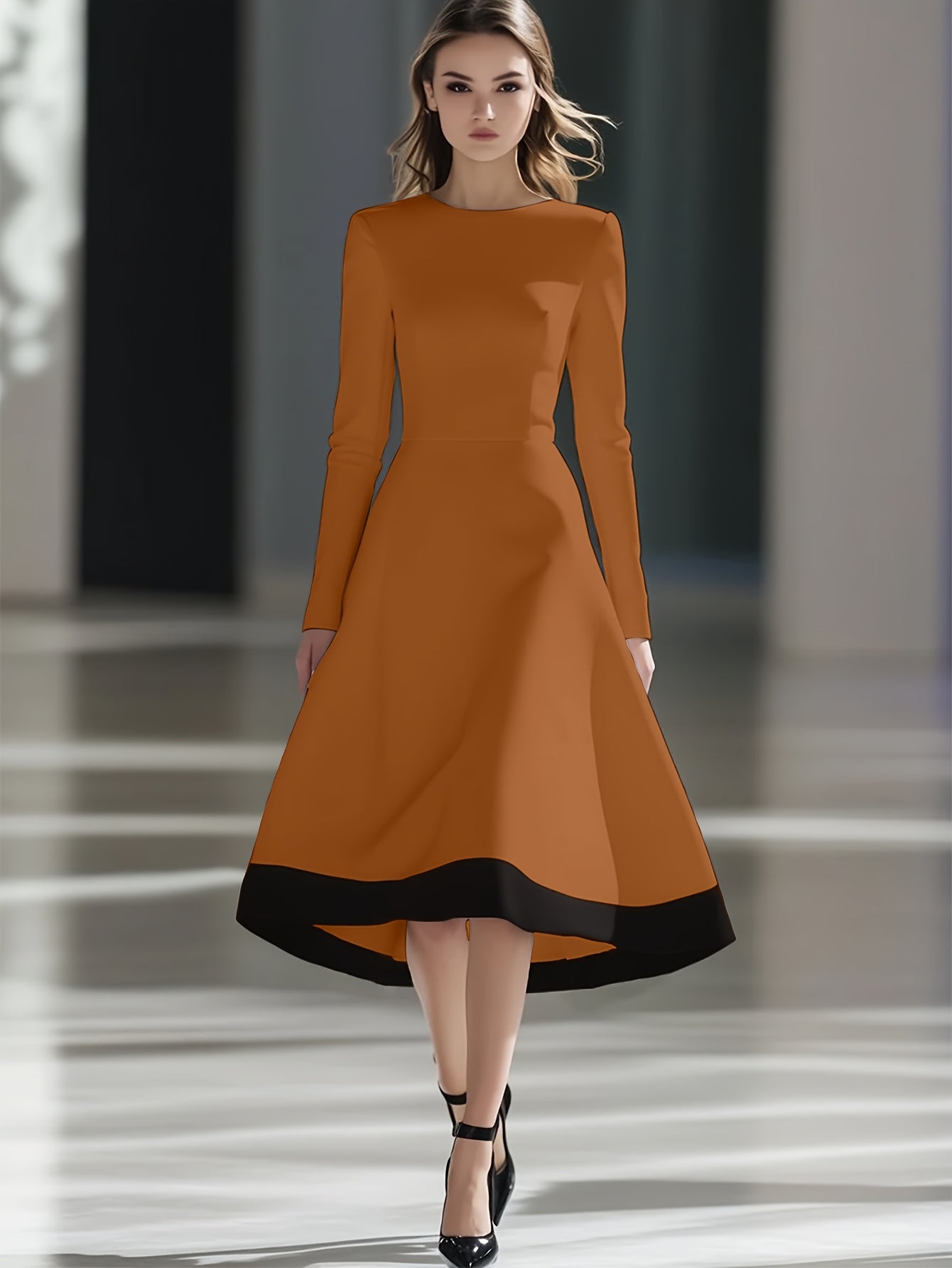SHOWLU FASHION Women's Burgundy Long Sleeve Midi Dress with A-Line Knit design, showcasing a stylish and comfortable fall outfit.