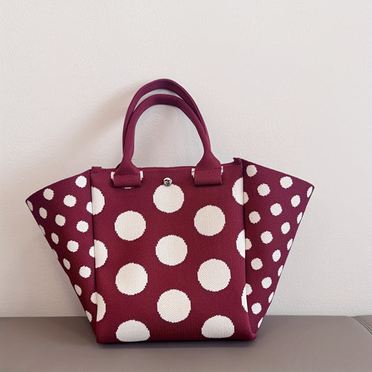 Bohemian Style Burgundy Tote Bag for Women, Casual Foldable Knit Handbag with Fixed Shoulder Straps, Magnetic Closure, Polyester, Polka Dot Pattern, Unlined, Travel Bag