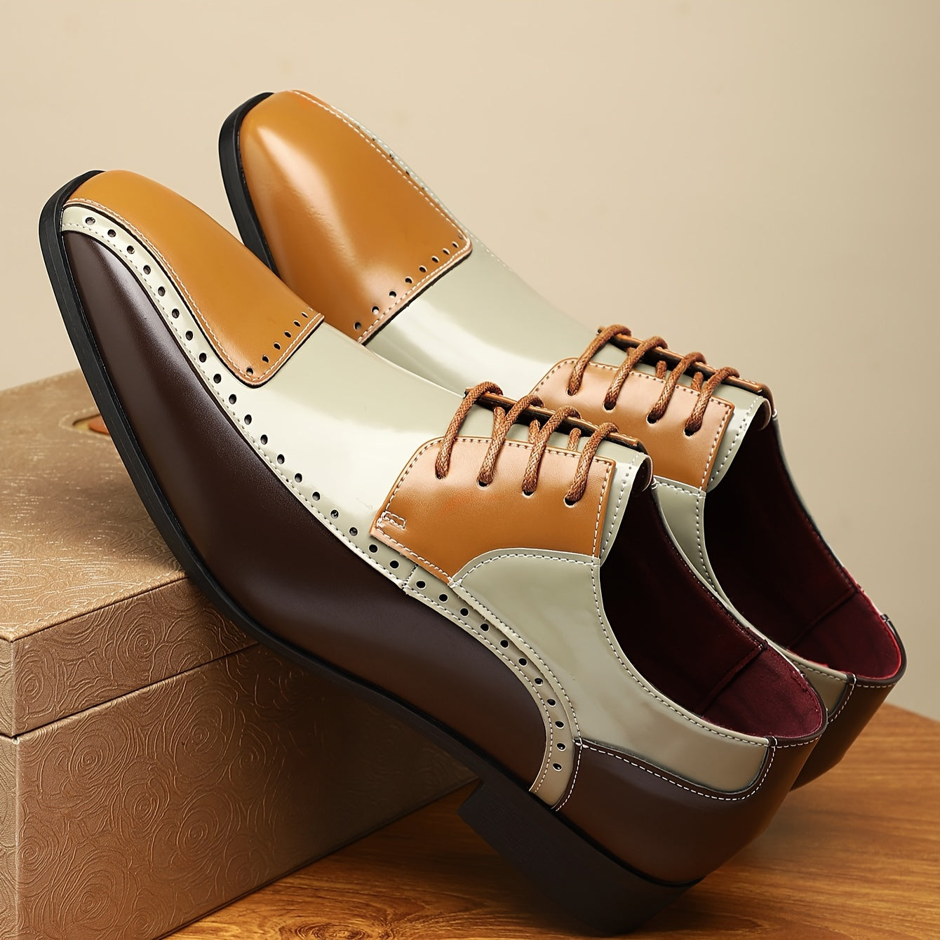 QRL Men's spliced lace-up formal shoes with square toe design, made of black PU leather for casual and formal wear.