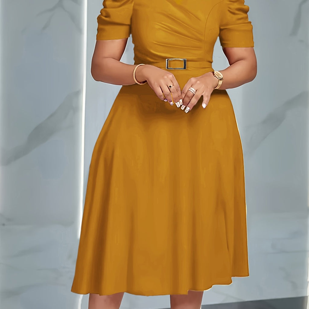 Red women's V-neck ruffle hem dress by SHOWLU FASHION STORE, featuring an A-line silhouette and polyester fabric.