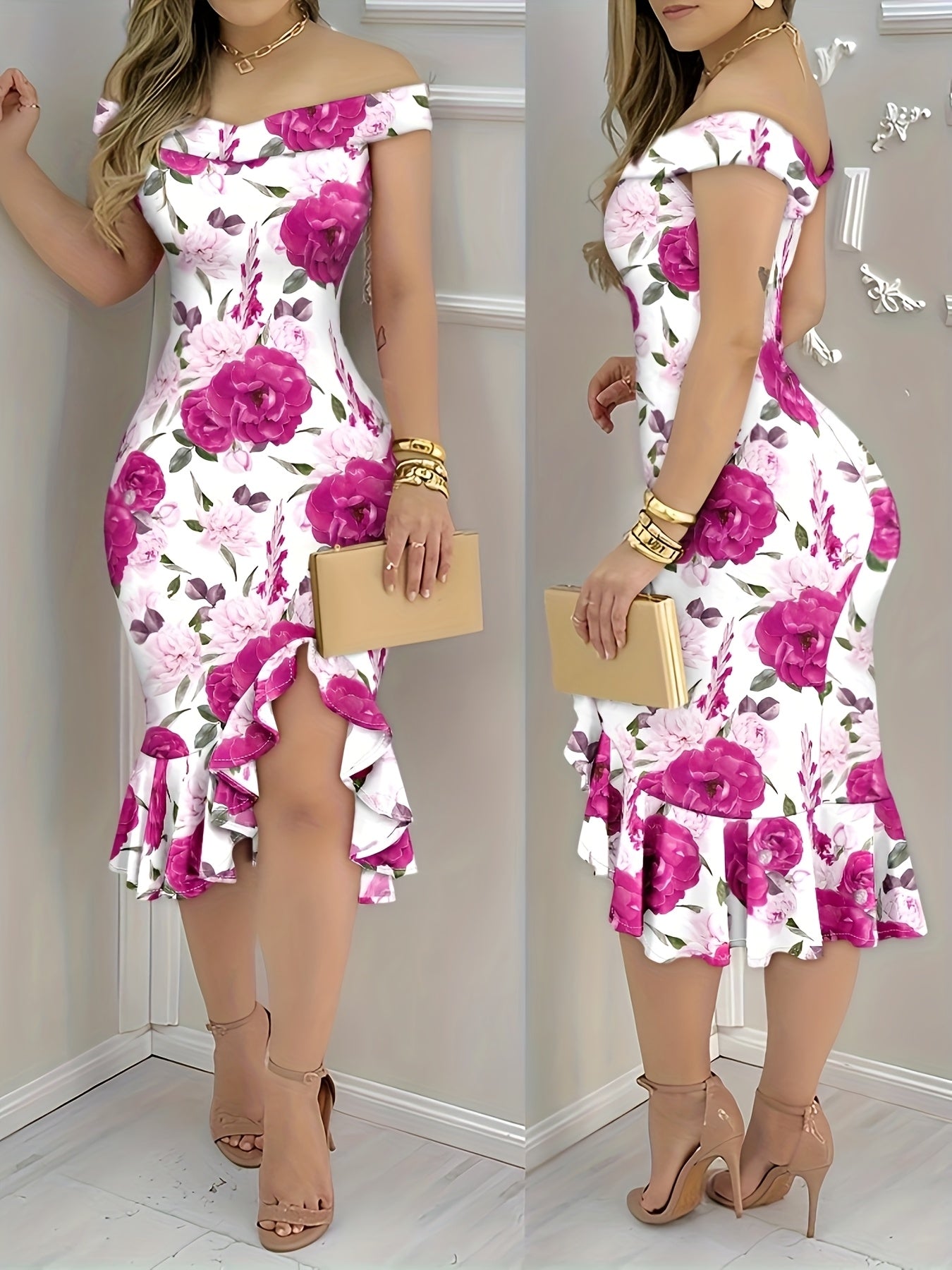 Floral off-shoulder bodycon midi dress with ruffle slit hem, SHOWLU FASHION STORE, stylish and elegant for special occasions.