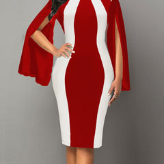 Elegant Black & White Color Block Bodycon Dress with Split Cuffs - Stretchy Polyester & Spandex Blend, Machine Washable - Perfect for All Seasons