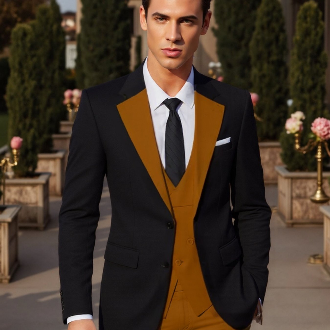 SHOWLU Men's 3-Piece Slim Fit Wedding Tuxedo including jacket, vest, and pants, styled for formal occasions.