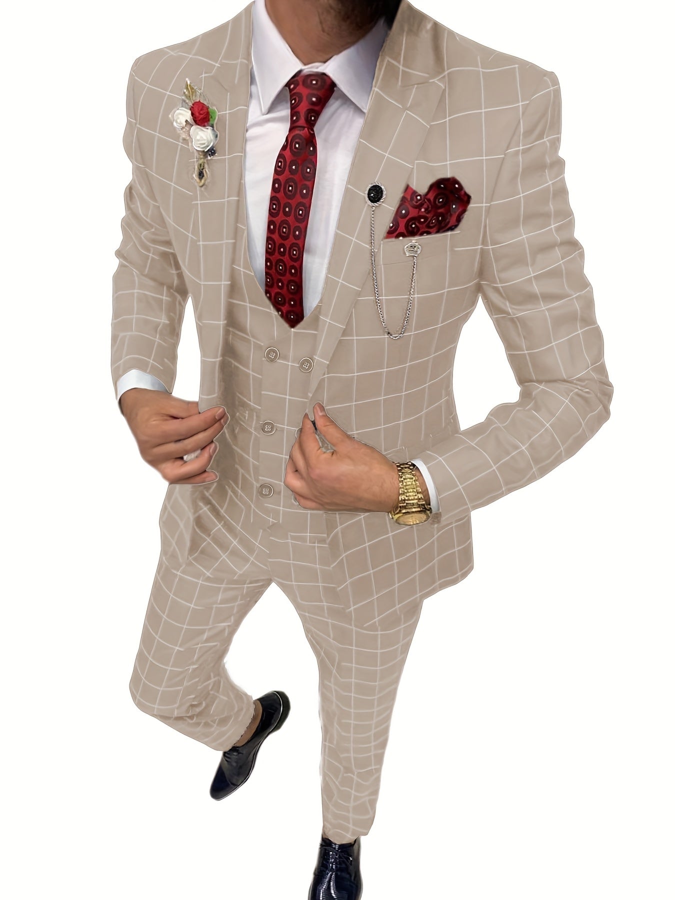 Men's 3-piece slim fit plaid suit with peak lapel tuxedo from SHOWLU FASHION STORE, showing the suit jacket, vest, and trousers.