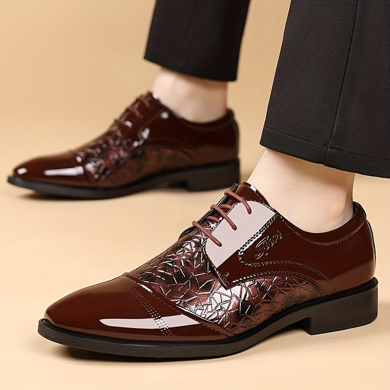 Men's glossy brown faux leather pointed toe dress shoes by Showlu Fashion, stylish business footwear with sleek leather finish.