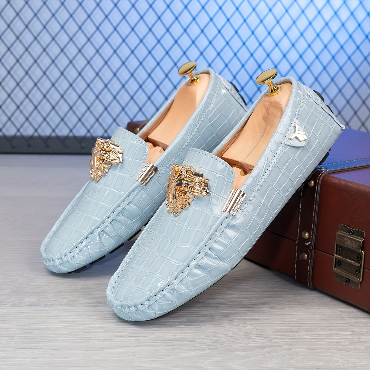 SHOWLU Men's casual slip-on loafers with round toe, breathable PU material, perfect for everyday wear.