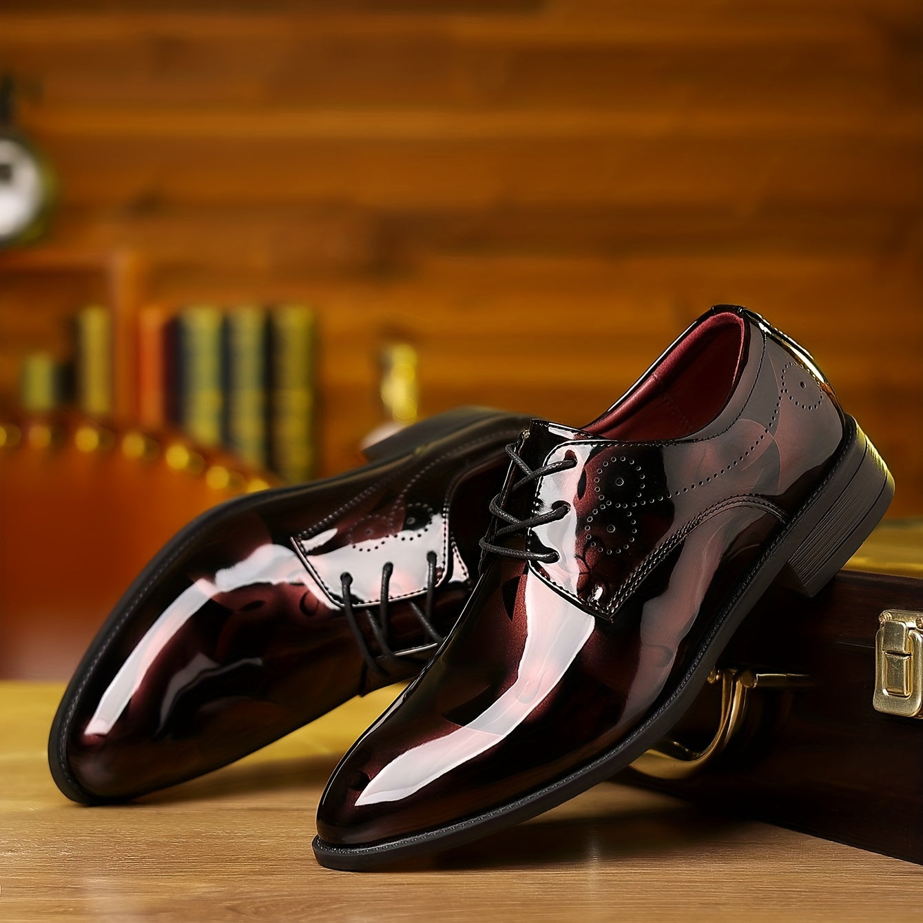 Black SHOWLU Men's Wingtip Oxford dress shoes with lace-up design made of PU leather, stylish and formal footwear.