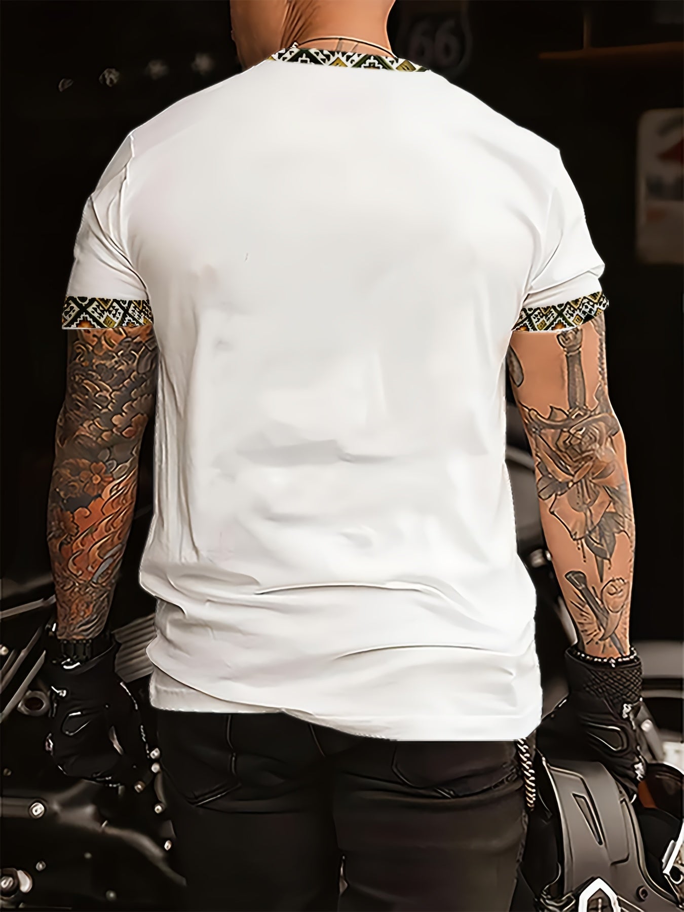 White men's geometric print T-shirt by SHOWLU FASHION STORE, regular fit, made of polyester material, featuring bold geometric patterns.